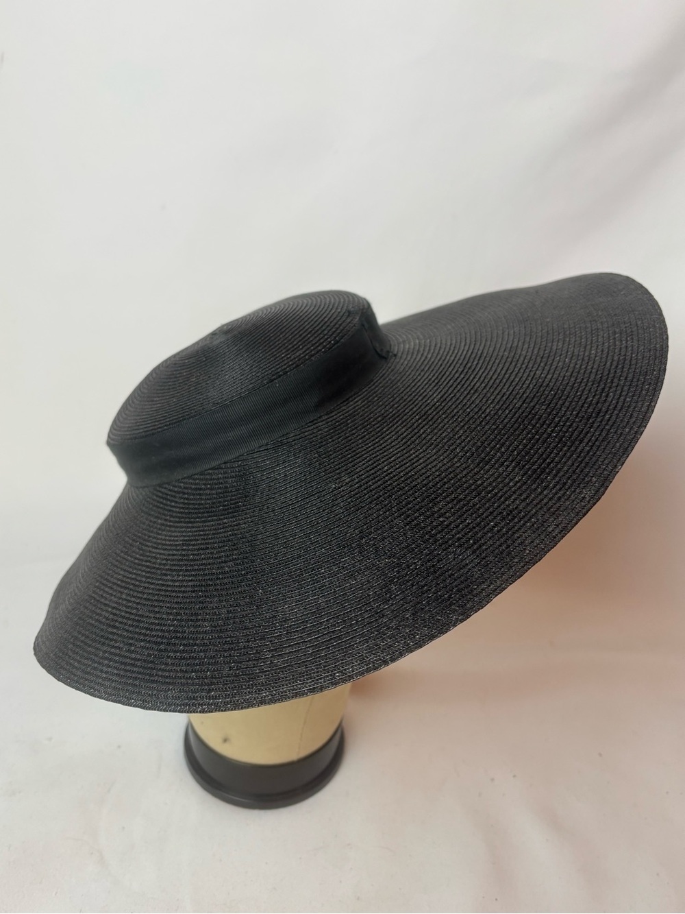Vintage Black Woven Straw Lazarus Cartwheel Fascinator Hat 1930-50 Wide Brim